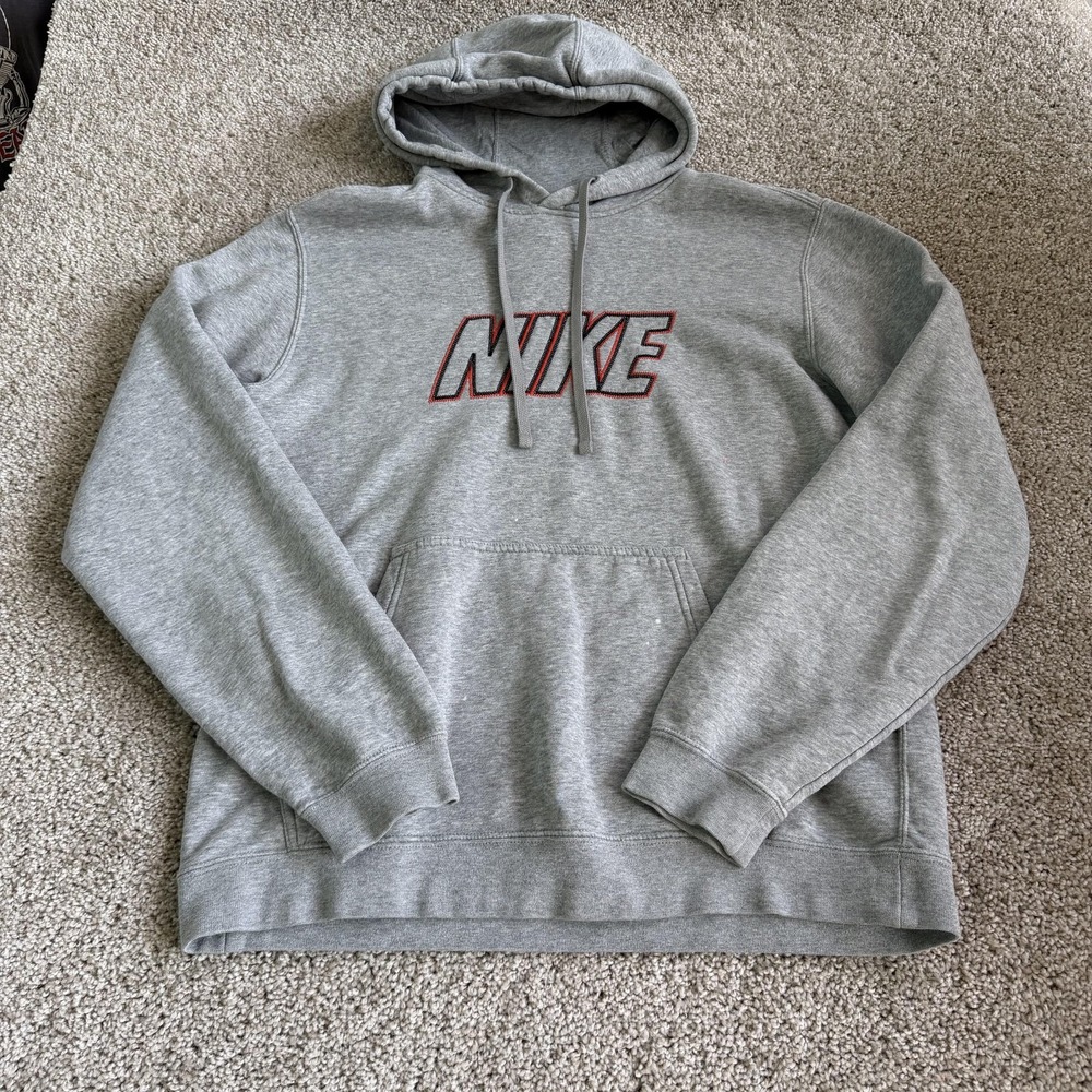 Nike Hoodie Mens Medium Gray Fleece Pullover Logo Kangaroo Pocket Sweatshirt